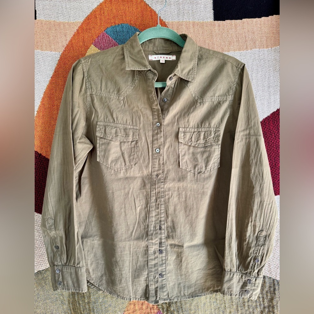 Xirena Western Style Olive Green Button Down Cotton Shirt